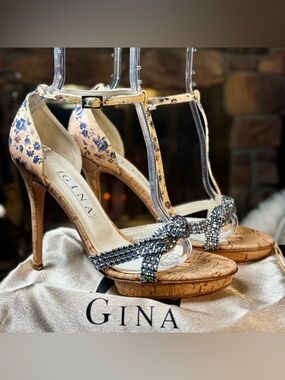 Gina Provencale Blue Rhinestone Beige Patent Leather & Cork Heel, Szs 9.5 & 10